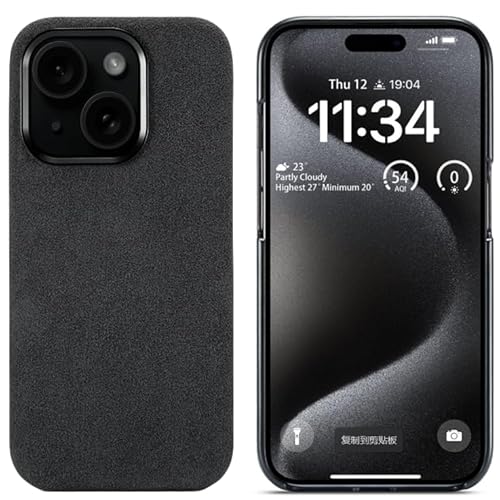 TYXDKJ Alcantara Hülle für iPhone 14, Handgemachte Halb Wrapped Synthetische Wildleder Hülle, Kompatibel mit Magsafe Wireless Charging (Schwarz) von TYXDKJ
