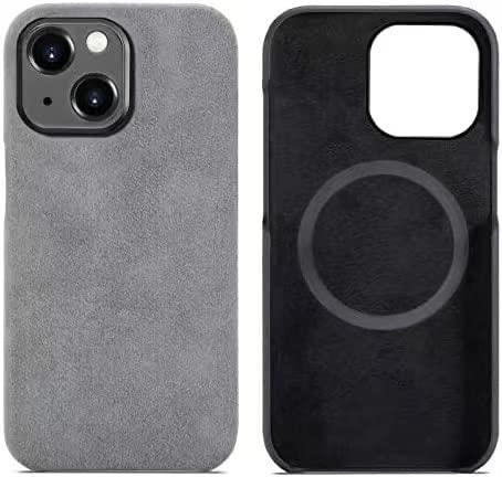 TYXDKJ Alcantara Schutzhülle für iPhone 14, handgefertigt, halb umwickelt, Synthetisches Wildleder, kompatibel mit Magsafe kabellosem Laden (Grau) von TYXDKJ