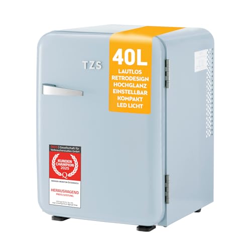 TZS First Austria Minikühlschrank 40L | komplett lautlos | Retro-Design | Temperaturregler | LED-Beleuchtung | 2 Türfächer + 6 flexible Einlegeböden von TZS First Austria