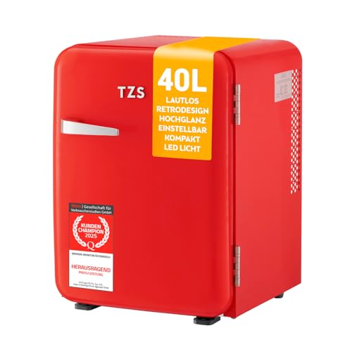 TZS First Austria Minikühlschrank 40L | komplett lautlos | Retro-Design | Temperaturregler | LED-Beleuchtung | 2 Türfächer + 6 flexible Einlegeböden von TZS First Austria