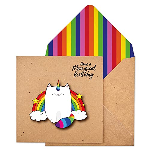 Tache Grußkarte zum Geburtstag, Motiv Miau, handgefertigt, mit Regenbogen-Umschlag von Tache