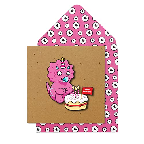 Tache HB Pink Dino Cake Premium Handgefertigte FSC® zertifizierte Grußkarte mit Umschlag Geburtstagskarte für Sie, Männer, Frauen, Ehemann, Schwester, Bruder, Tochter, Mama oder Papa von Tache