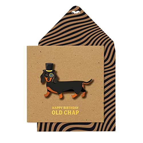 Tache Handgefertigte Grußkarte mit Aufschrift Happy Birthday Old Chap Wursthund, mit schwarzem Streifen-Umschlag von Tache