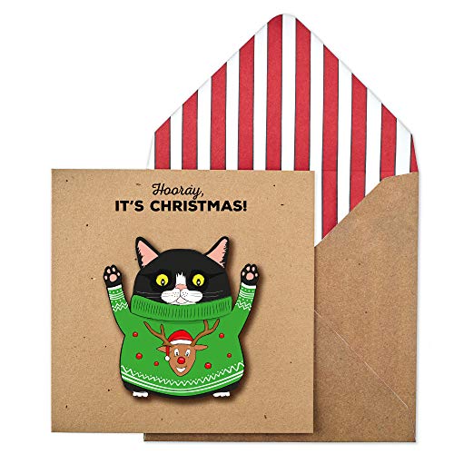 Tache Hochwertige, handgefertigte Weihnachtskarte Hooray It's Christmas! mit Katzen-Motiv von Tache