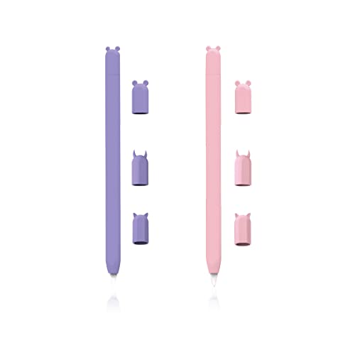 Tadipri Silikon Hülle Kompatibel mit Apple Pencil 2,Halter Zubehör Ärmel Anti-Rutsch Schutzhülle Schön Weicher Pen Griff und 3 Stiftschwanzkappen,2021/2020/2018 (Pink und lila) von Tadipri
