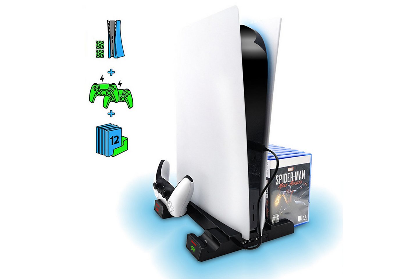 Tadow PS5-Kühler,PS5-Controller-Ladestation,3 Lüfter,PS5 Disc-Halter PlayStation 5-Controller (Controller-Ladegerät für PS5 Disc/Digital Edition,3 USB-Anschlüsse) von Tadow
