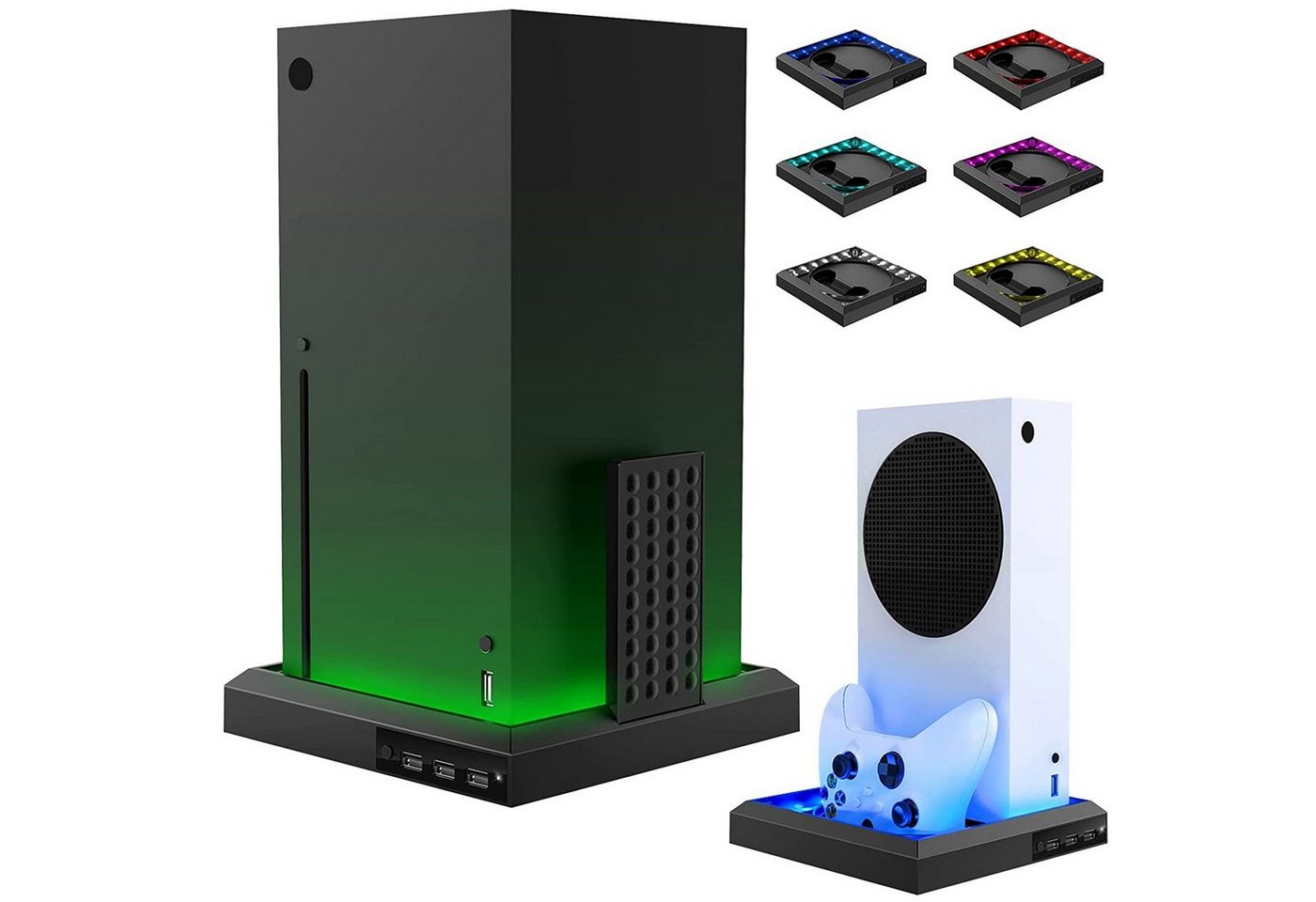 Tadow XBOX SERIES X/S Beleuchteter Ständer, RGB LED Ständer, Zubehor für Xbox Contoller (7 Farben, mit 3 USB C Hub 2.0 Anschlüssen, schwarz) von Tadow