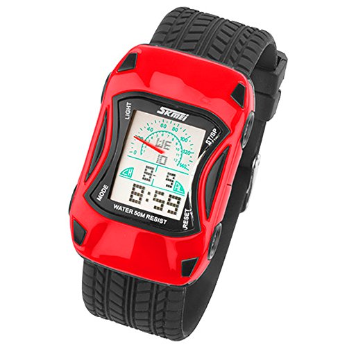 Taffstyle Kinder Armbanduhr Silikon Sportuhr Bunte Uhr Stoppuhr Auto Motiv mit Alarm Digital Quartz Rot von Taffstyle