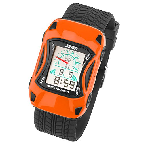 Taffstyle Kinder Armbanduhr Silikon mit Auto Wagen Motiv Sportuhr Digital Quarz Bunte Sport Uhr Farbige Kinderuhr Mädchen Junge Lernuhr Stoppuhr Orange von Taffstyle