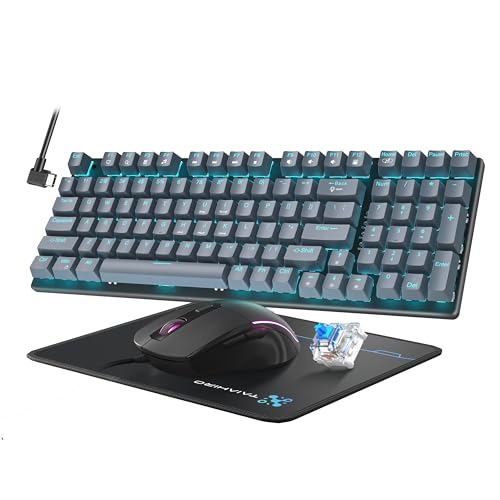 Mechanische Gaming-Tastatur und Maus, 98 Tasten, LED-Hintergrundbeleuchtung, Tastatur mit grauer, schwebender Tastenkappe, blauer Schalter, ergonomische RGB-Gaming-Maus mit Mauspad-Kombination, von Taiahiro