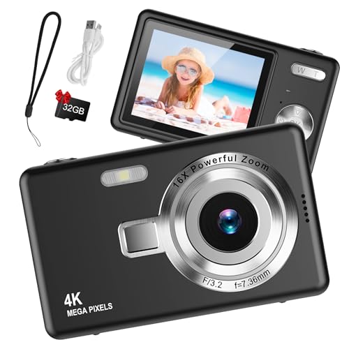 Digitalkamera 1080P FHD Kompaktkamera 44MP Kamera mit 2,4“ LCD Bildschirm 16X Digitalzoom Einfache Vlogging Tragbare Digitalkamera mit 32gb SD Karte für Kinder Teenager Studenten Anfänger (Schwarz) von Taichaeu
