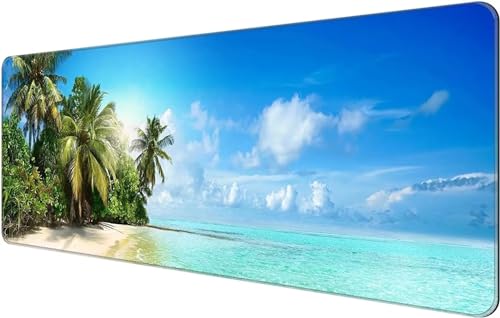 Gaming Mauspad Großes 900x400x2mm Mouse Pad XXL rutschfeste Gummibasis Mauspads Einfach Zu Reinigen mit Genähte Kanten für Home Office Arbeit Spiel - Strand Meer Tropische Bäume von Tainrun