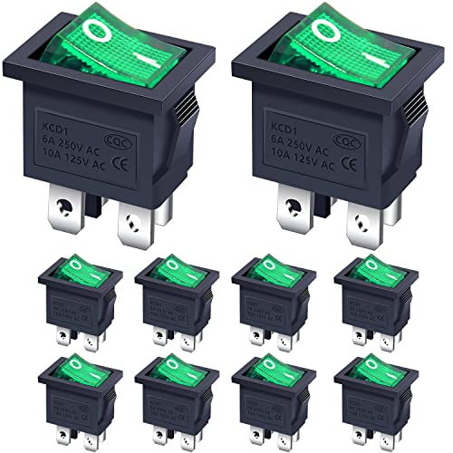 Taiss /10 Stücke Wippschalter AC 250V / 6A, 125V / 10A Grünes Licht beleuchtet EIN/AUS DPST 4 Pin 2 Position Mini Wippschalter Für Autos und Boote KCD1-4-201N-G von Taiss