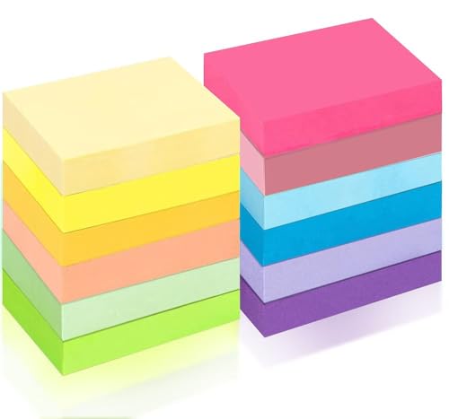 Taiyeestar 1200pcs Haftnotizen Klebezettel Klein 50 x 38 mm, 12 Farben Sticky Notes, Bunte Quadratische Selbstklebende Notizzettel Klebend für Schule, Zuhause, Büro, 100 Blätter/Farbe von Taiyeestar