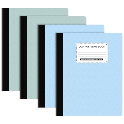 Taja Kompositions-Notizbücher, breit liniertes Papier, 24 x 19 cm, 160 Seiten (80 Blatt), geometrisches Muster, verschiedene Pastellfarben, für Schule, Büro und Zuhause, Blau und Grün, 4 Stück von Taja
