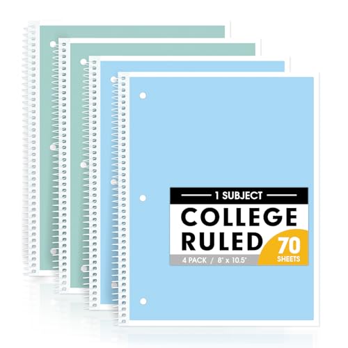 Taja Spiralnotizbücher, College, liniert, 20,3 x 26,7 cm, 140 Seiten (70 Blatt), 3-fach gelochtes Papier, verschiedene Pastellfarben, 1 Fach für Schule, Büro und Zuhause, Blau und Grün, 4 Stück von Taja