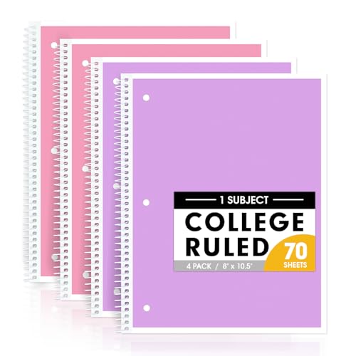 Taja Spiralnotizbücher, College, liniert, 20,3 x 26,7 cm, 140 Seiten (70 Blatt), 3-fach gelochtes Papier, verschiedene Pastellfarben, 1 Fach für Schule, Büro und Zuhause, Rosa und Lila, 4 Stück von Taja