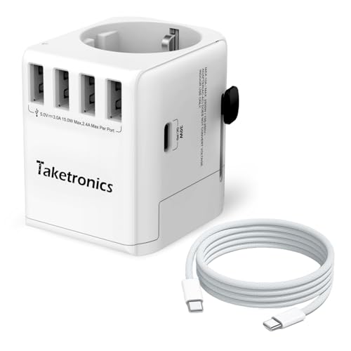 Reiseadapter Schuko 3-Pin Universal 4 x USB A, 1 x USB C 30W und 1 x AC, Internationaler Steckdosenadapter, Universaladapter Deutschland auf USA England, Australien, China + 1m C-C Nylon Ladekabel Reiseadapter Schuko 3-Pin Universal 4 x USB A, 1 x USB C 30W und 1 x AC, Internationaler Steckdosenadapter, Universaladapter Deutschland auf USA England, Australien, China + 1m C-C Nylon Ladekabel von Taketronics