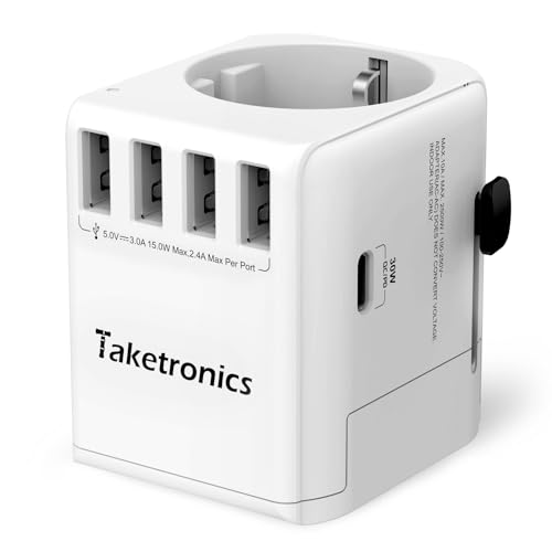Reiseadapter Schuko 3-Pin Universal Reisestecker 4 x USB A, 1 x USB C 30W und 1 x AC Schukodose, Internationaler Steckdosenadapter, Universaladapter Deutschland auf USA England, Australien, China Reiseadapter Schuko 3-Pin Universal Reisestecker 4 x USB A, 1 x USB C 30W und 1 x AC Schukodose, Internationaler Steckdosenadapter, Universaladapter Deutschland auf USA England, Australien, China von Taketronics
