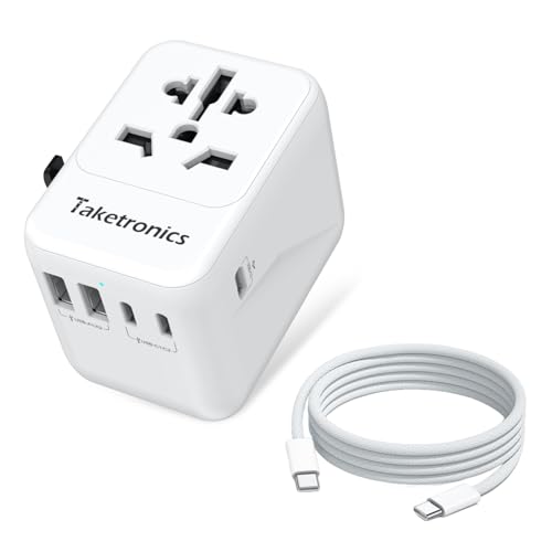 Reiseadapter Weltweit auf US/UK/AUS/CN 224 Länder 2 USB-A und 3 USB-C, Universal für EU USA UK Thailand China Australien Travel Adapter + 1m C-C Nylon Ladekabel von Taketronics