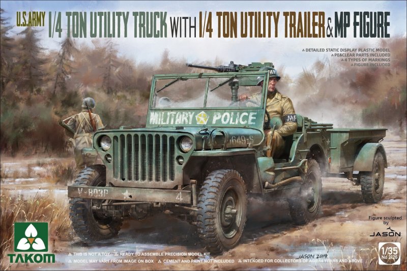 U.S. Army 1/4 ton utility truck with 1/4 ton utility trailer & MP figure von Takom
