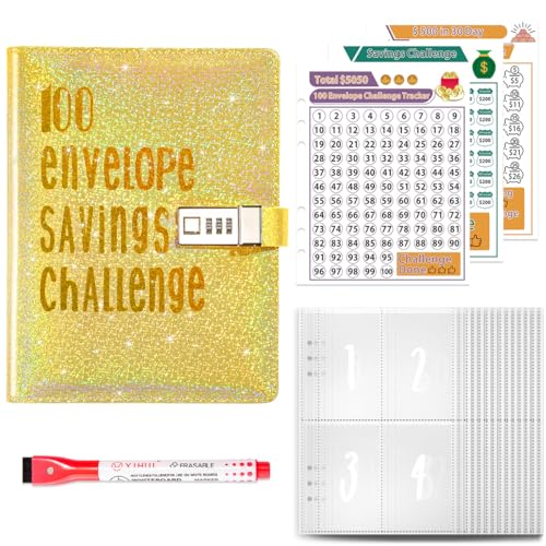 Sparbuch für Geld Challenge mit Zahlenschloss,A5 Sparchallenge Geldsparmappe,100 Envelope Saving Challenge,Binder Mappe Sparbuch mit 3 Budgetplaner Zubehör und Whiteboard-Marker,Gelb Sparbuch für Geld Challenge mit Zahlenschloss,A5 Sparchallenge Geldsparmappe,100 Envelope Saving Challenge,Binder Mappe Sparbuch mit 3 Budgetplaner Zubehör und Whiteboard-Marker,Gelb von TaleMoon