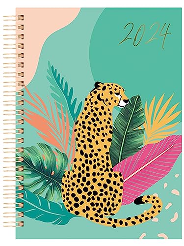 Terminplaner 2024, A5, Hardcover, Wochenansicht, Grün, stilvolles Dschungel-Leoparden-Design von Tallon