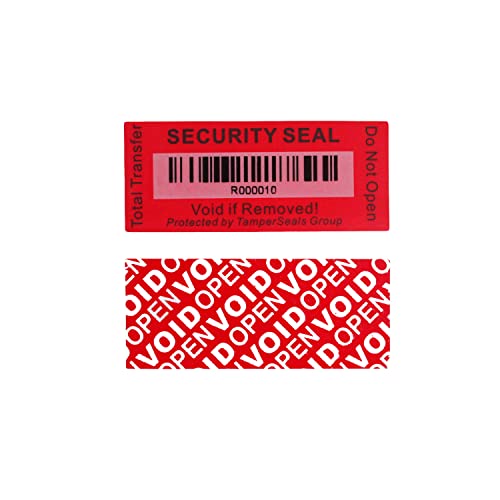 TamperSeals Group - 100 Stück 25 x 60 mm Rot Total-Transfer Manipulationssichere Sicherheits Void Aufkleber/Etiketten/Sicherheitssiegel mit Barcodes von TamperSeals Group