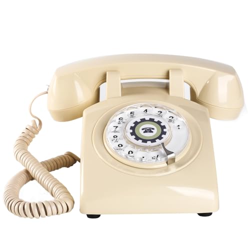 Retro-Drehtelefon mit mechanischem Klingelwerk, Stromversorgung über Telefonleitung, ohne Batterie oder externes Netzteil (Beige) von TangYeah