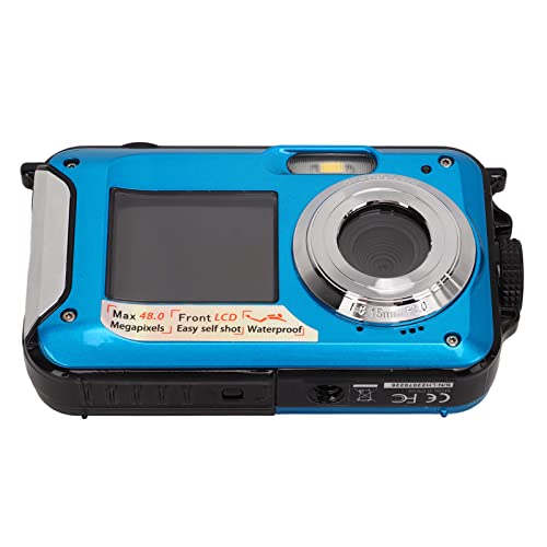 Full HD wasserdichte Digitalkamera, 10ft Unterwasserkamera 2.7K 48 MP Videorecorder Selfie, 2,7 Zoll LCD Dual Screens Digitale wasserdichte Zum Schnorcheln (Blue) von Tangxi