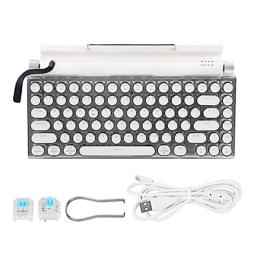 Retro Schreibmaschinentastatur, Mechanische Gaming Tastatur mit 83 Tasten, 5.0 mit Blauer Hintergrundbeleuchtung, 3 Geräte, FN Master,Runde Tastenkappe, für Desktop PC (Weiß) von Tangxi