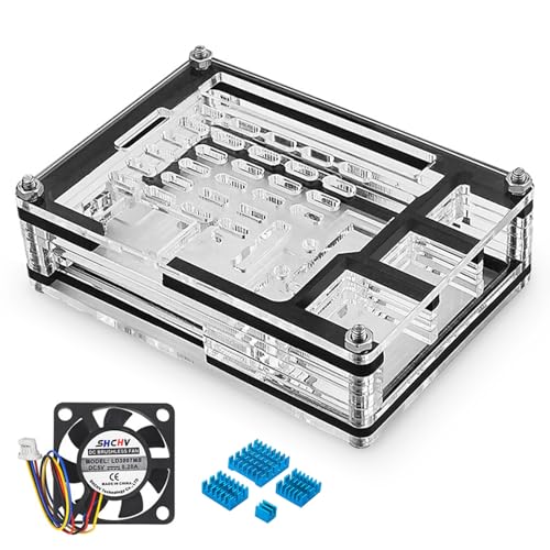 Gehäuse für Raspberry Pi 5 mit 4 Reinem Kupfer Kühlkörper & 4 Pin PWM Lüfter Behälter (40 x 40 x 10 mm) für Raspi 5 4GB/8GB, Clear Acryl von Tanmote