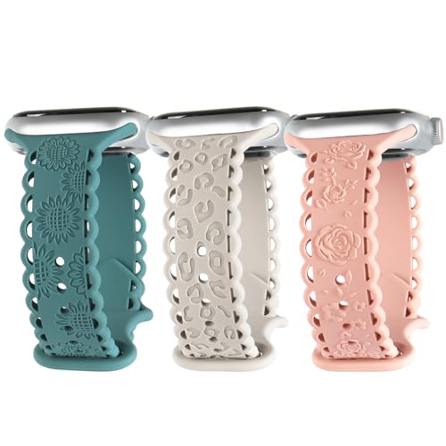 3 Sport Armbänder kompatibel mit Apple Watch Armband 42mm 41mm 40mm 38mm 46mm 45mm 44mm Damen Silikon Rose Sonnenblume Leopardenmuster Gravierte Band für iWatch 10 9 8 7 6 5 4 3 2 1 SE Frauen von Tanoshimi