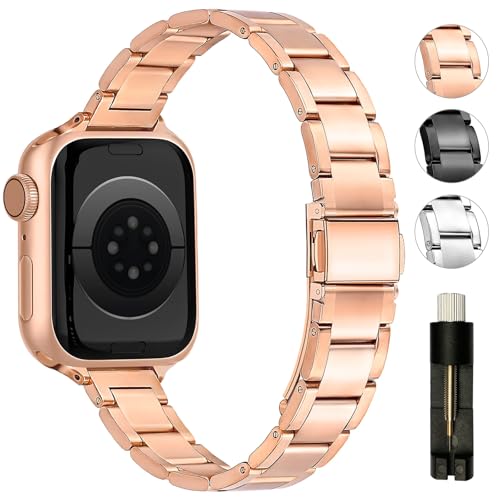 Metall Armband Kompatibel mit Apple Watch 10 Armband 42mm 46mm 40mm 41mm 38mm 44mm 45mm Slim Edelstahlarmband Kompatibel mit Apple Watch Series 10/SE/9/8/7/6/5/4/3/2/1 Damen Rosegold von Tanoshimi