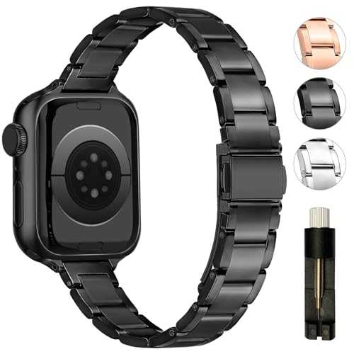 Metall Armband Kompatibel mit Apple Watch Armband 42mm 46mm 40mm 41mm 38mm 44mm 45mm 42mm Slim Edelstahlarmband Kompatibel mit Apple Watch Series 10/SE/9/8/7/6/5/4/3/2/1 Damen Schwarz Metall Armband Kompatibel mit Apple Watch Armband 42mm 46mm 40mm 41mm 38mm 44mm 45mm 42mm Slim Edelstahlarmband Kompatibel mit Apple Watch Series 10/SE/9/8/7/6/5/4/3/2/1 Damen Schwarz von Tanoshimi