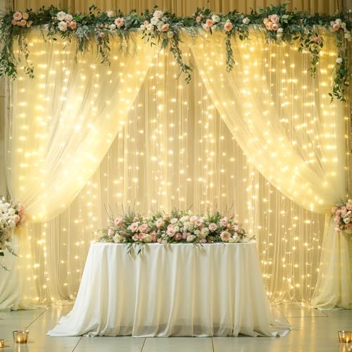 4 Paneele, champagnerfarbene transparente Tüll-Hintergrundvorhänge mit Lichterkette, für Party, Hochzeit, faltenfrei, für Babyparty, Brautparty, Fotohintergrund, Heimdekoration, 6 x 2,4 m von Tao-Ge