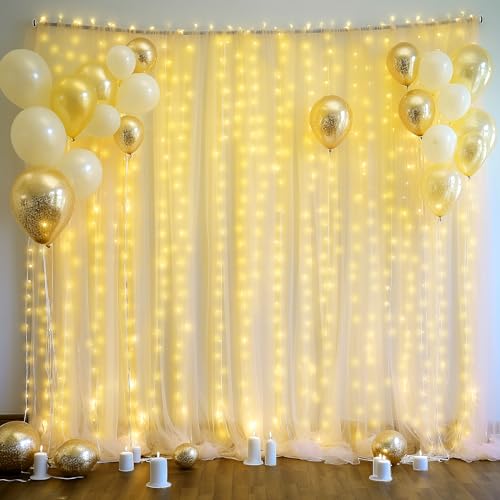 4 Paneele, champagnerfarbene transparente Tüll-Hintergrundvorhänge mit Lichterkette, für Party, Hochzeit, faltenfrei, für Babyparty, Brautparty, Fotohintergrund, Heimdekoration, 6 x 2,4 m von Tao-Ge