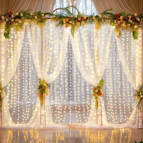 4 Paneele weiße durchsichtige Tüll-Hintergrundvorhänge mit Lichterketten für Party, Hochzeit, knitterfrei, Vorhanghintergründe für Babyparty, Geburtstag, Fotohintergrund, Heimdekorationen, 6 x 2,4 m 4 Paneele weiße durchsichtige Tüll-Hintergrundvorhänge mit Lichterketten für Party, Hochzeit, knitterfrei, Vorhanghintergründe für Babyparty, Geburtstag, Fotohintergrund, Heimdekorationen, 6 x 2,4 m von Tao-Ge