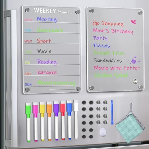 TaoAcc 2stk. Acryl Wochenplaner Magnetisch für Kühlschrank,A4 Magnettafel Transparent mit 8 Stifte Abwischbarer Essensplaner Kinder Familienplaner Magnettafel To do liste(20X30cm) von TaoAcc