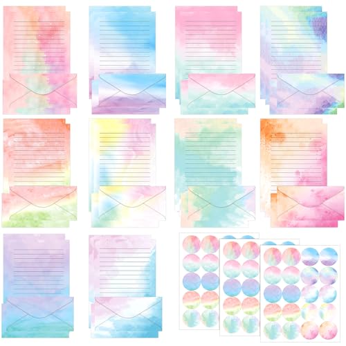 TaoBary 160 Packungen Briefpapier-Set (50 doppelseitige Schreibwaren, 50 passende Umschläge), 60 runde Punkt-Aufkleber, 10 Designs (Aquarell, 21,6 x 27,9 cm) von TaoBary