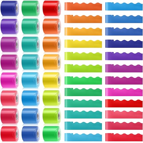 TaoBary 24 Rollen gewellte Pinnwand-Bordüren, insgesamt 288 m, Pastellfarben, Klassenzimmer-Dekor, bunte Bordüren für Pinnwand, Schulklasse, Dekorationszubehör (Regenbogenfarbe) von TaoBary