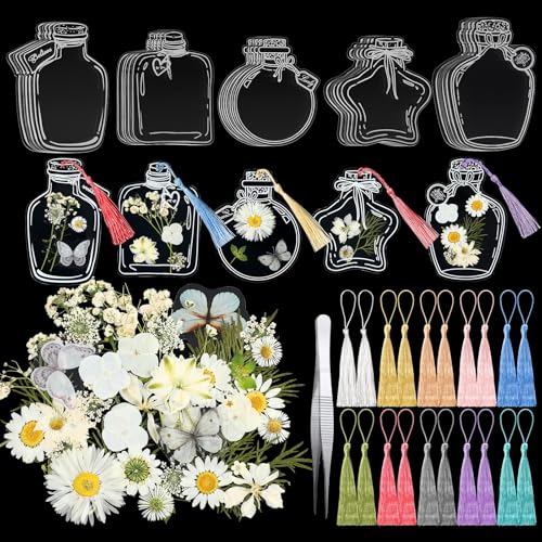 TaoBary 81-teiliges Lesezeichen-Set zum Selbermachen, handgefertigt, transparent, getrocknete Blumen, bunte Quasten und Pinzette für Bücherflaschenzubehör (einfache Farbe) von TaoBary