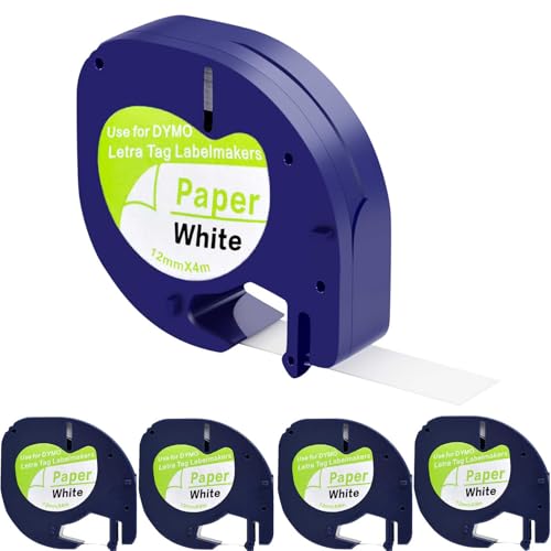 Etikettenband, kompatibel mit Dymo LetraTag White Paper Refill 91330 10697, 12 mm x 4 m, Schwarz auf weißem Etikett(5) von TapeTek