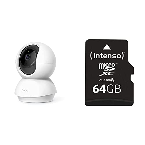 Tapo TP-Link C200 360°-WLAN-Überwachungskamera für den Innenbereich, FHD 1080P, Nachtsicht & Intenso microSDXC 64GB Class 10 Speicherkarte inkl. SD-Adapter, schwarz von Tapo
