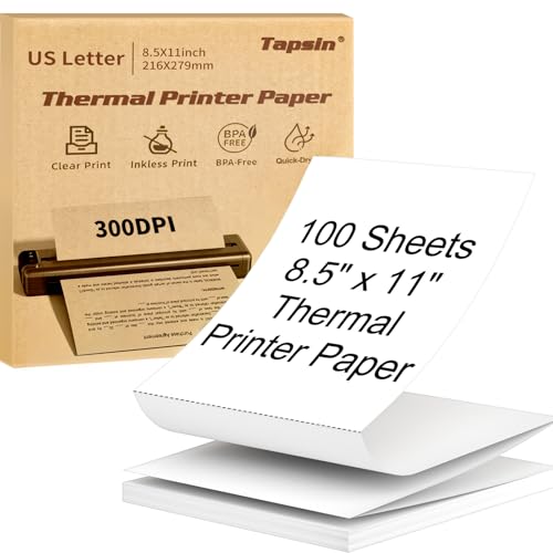 Tapsin Thermopapier, 21,6 x 27,9 cm, US-Buchstaben, 100 Blatt, schnelltrocknendes Thermodruckerpapier für Verträge, Hausaufgaben, Lebensläufe, kompatibel mit JADENS, Phomemo, Colorwing, Odaro, 10+ Tapsin Thermopapier, 21,6 x 27,9 cm, US-Buchstaben, 100 Blatt, schnelltrocknendes Thermodruckerpapier für Verträge, Hausaufgaben, Lebensläufe, kompatibel mit JADENS, Phomemo, Colorwing, Odaro, 10+ von Tapsin