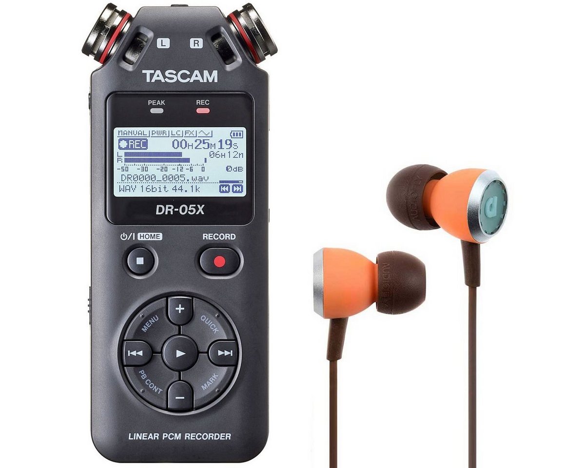 Tascam DR-05X Audio-Recoder Digitales Aufnahmegerät (mit Audiofly Ohrhörer) von Tascam