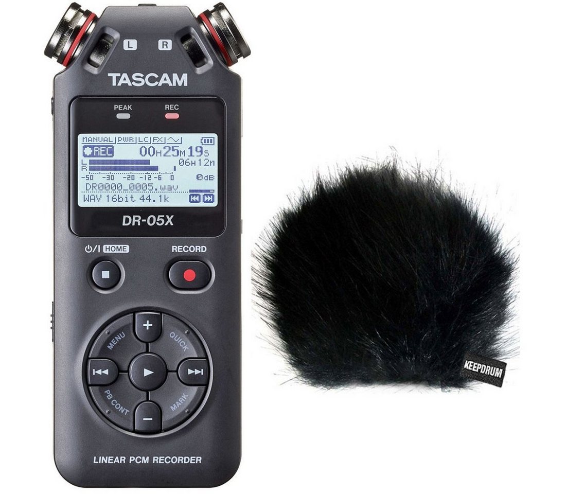 Tascam DR-05X Audio-Recorder Digitales Aufnahmegerät (mit Fell-Windschutz) von Tascam