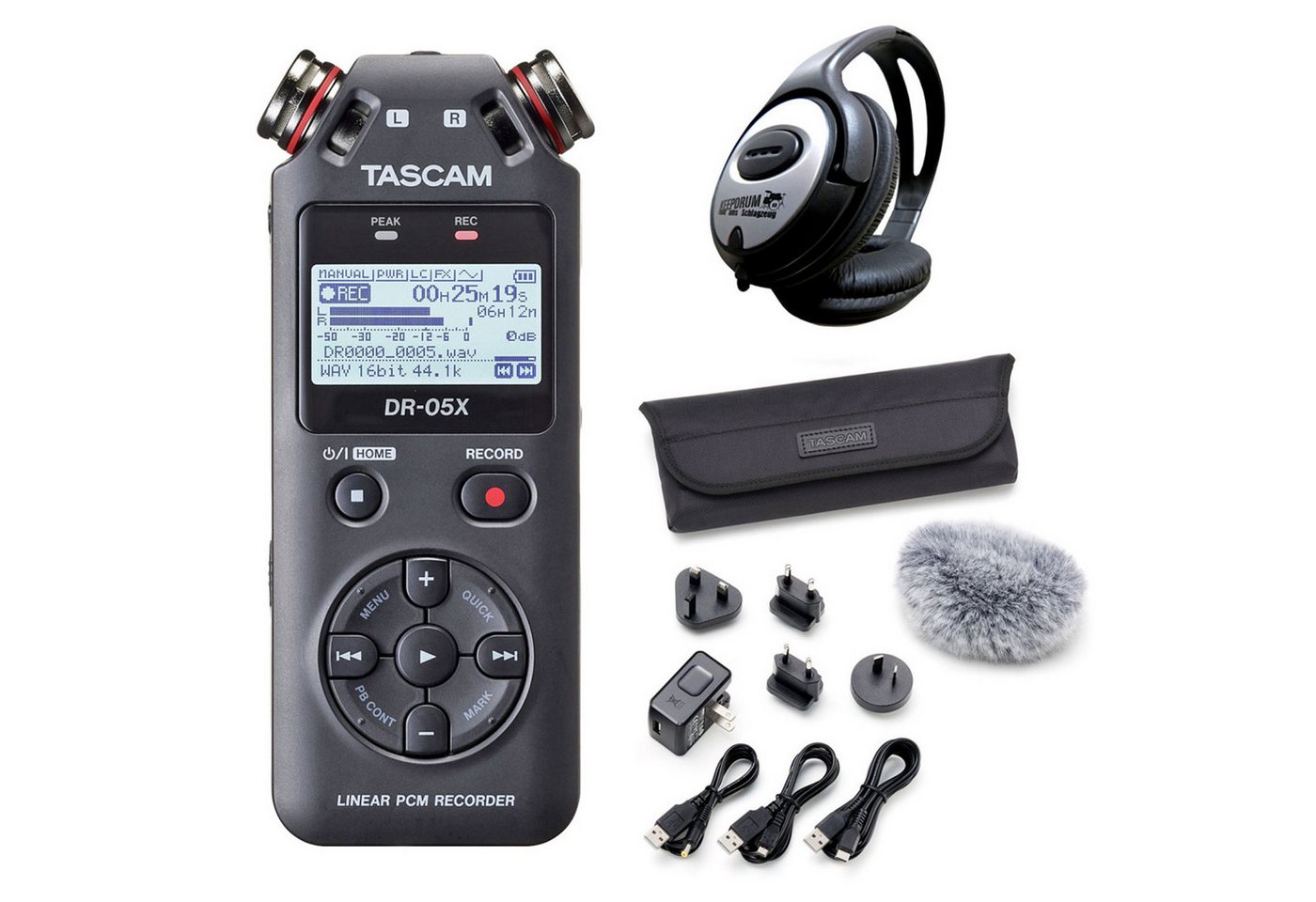 Tascam DR-05X Audio-Recorder Digitales Aufnahmegerät (mit Zubehör Set und Kopfhörer) von Tascam