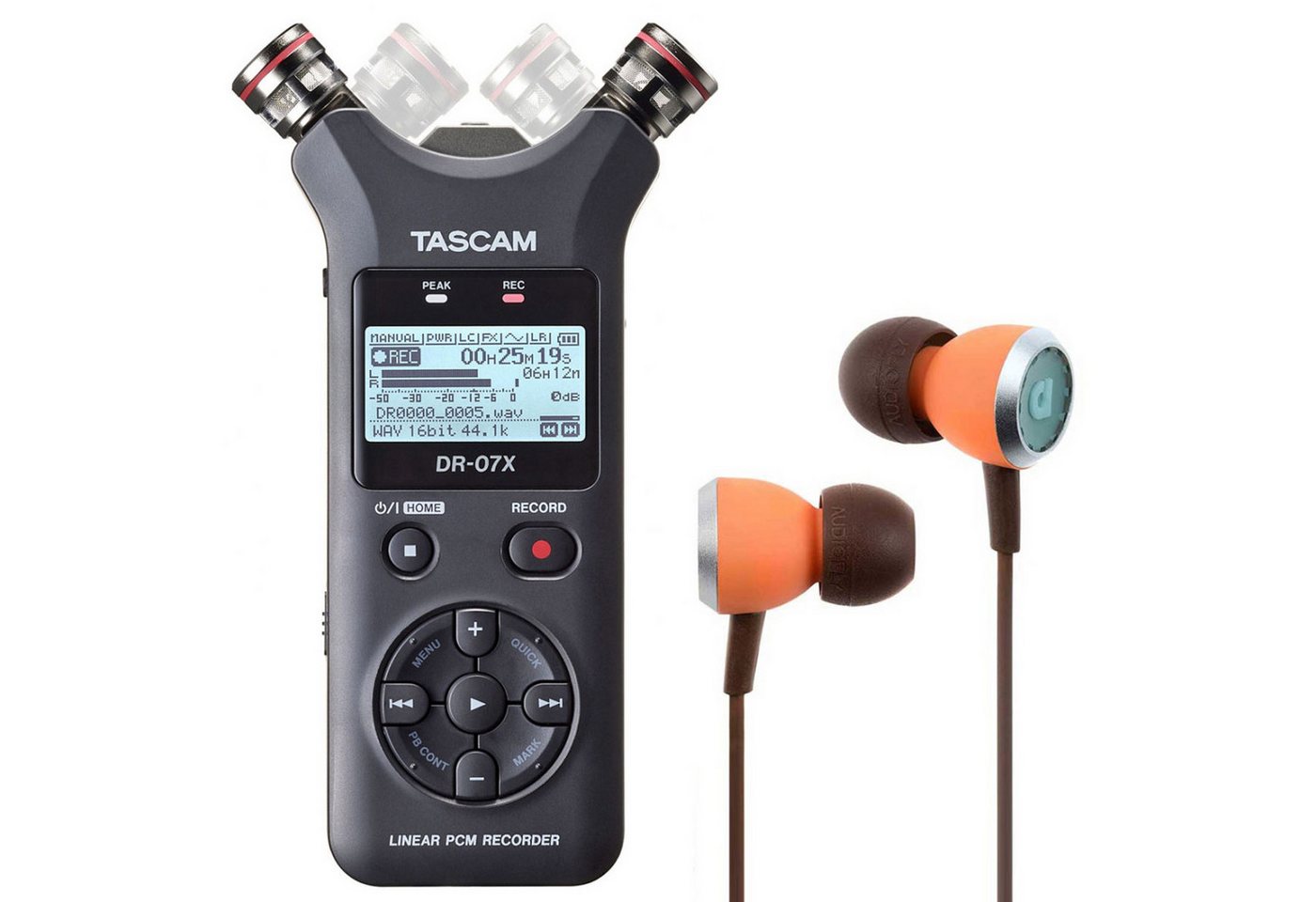 Tascam DR-07X Audio-Recorder Digitales Aufnahmegerät (mit Audiofly Ohrhörer) von Tascam