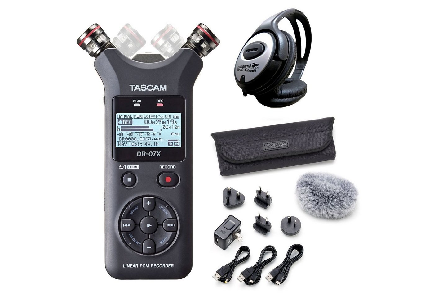 Tascam DR-07X Audio-Recorder Digitales Aufnahmegerät (mit Zubehör Set und Kopfhörer) von Tascam